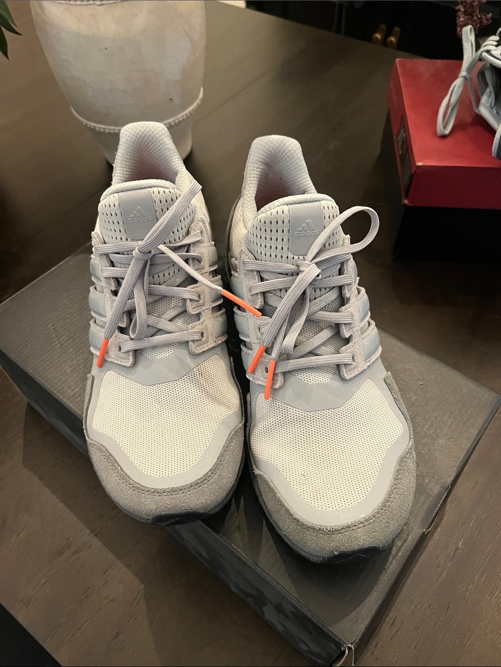 Adidas Mens Gray Sneakers with Orange Lace Accents